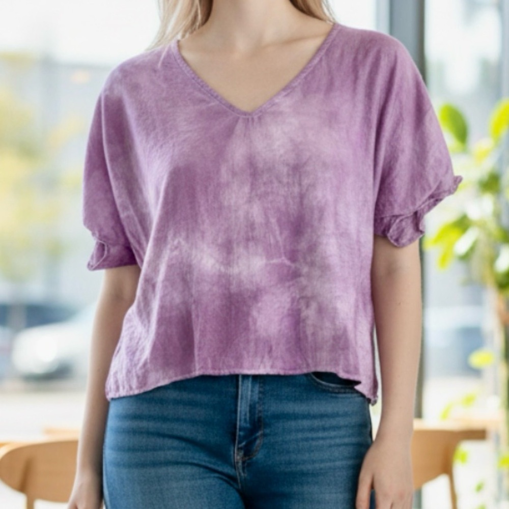 Alya Francesca’s Purple & Ivory Custom Acid Wash Short Sleeve Crop Top Size S